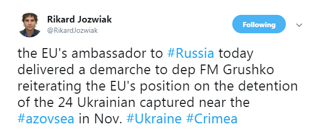 Постпред Євросоюзу вимагає від РФ негайного звільнення українських моряків