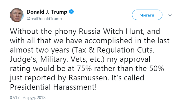 Трамп считает, что расследование вмешательства РФ в выборах президента портит его рейтинги