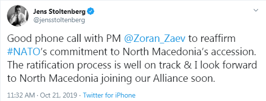 Столтенберг: вступление Северной Македонии в НАТО идет по графику
