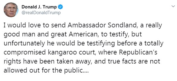 Трамп признал, что запретил Сондленду свидетельствовать по делу об импичменте