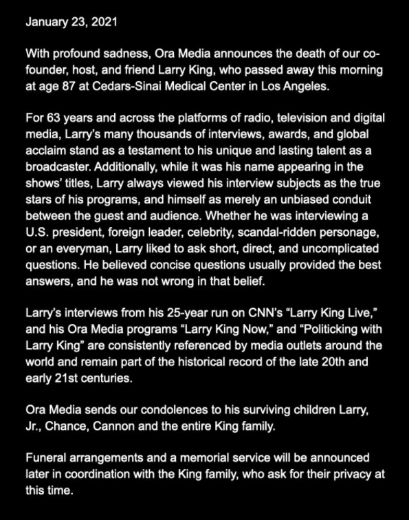 У США помер легендарний ведучий Ларрі Кінг