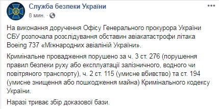 СБУ розслідує авіакатастрофу в Ірані за трьома статтями