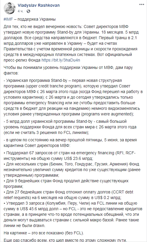 МВФ уже направил первый транш кредита Украине