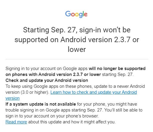 Google закриє вхід в акаунти користувачам старих версій Android