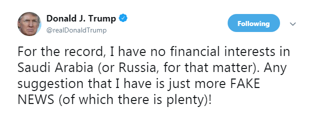 Трамп заявив, що у нього немає фінансових інтересів в РФ і Саудівській Аравії