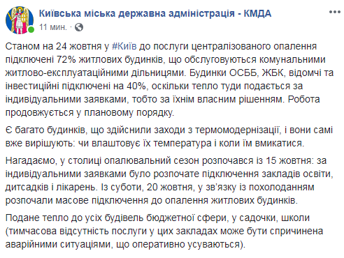 У Києві до опалення підключили понад 70% будинків, - КМДА