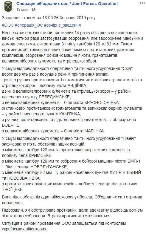 На Донбассе за день боевики 14 раз обстреляли позиции ООС, ранен военный