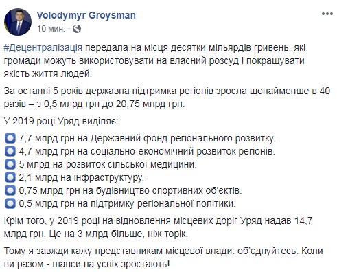 Гройсман назвал объем государственной поддержки регионов
