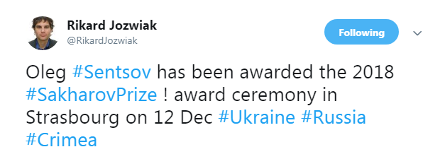 Сенцов став лауреатом премії Сахарова