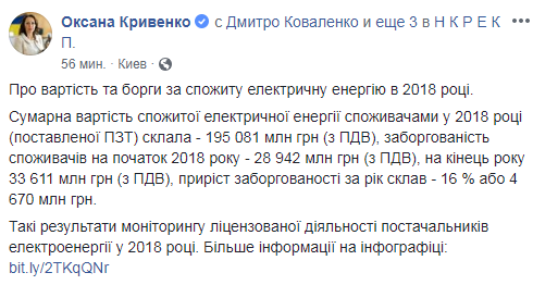 Рогулятор розповів про борги  за спожиту електроенергію в 2018