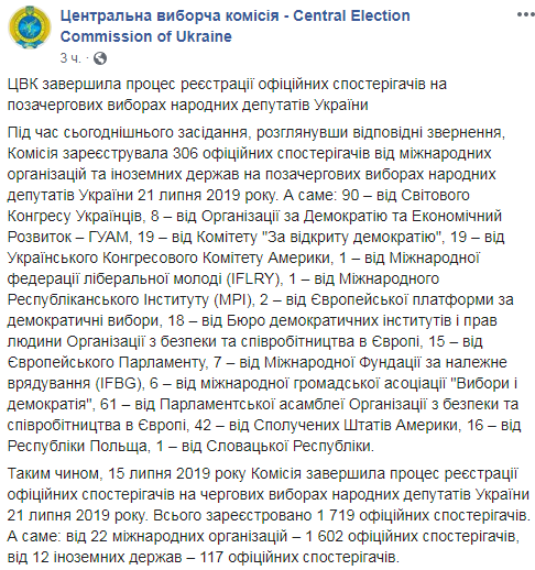 ЦИК завершил регистрацию наблюдателей на выборах в Раду