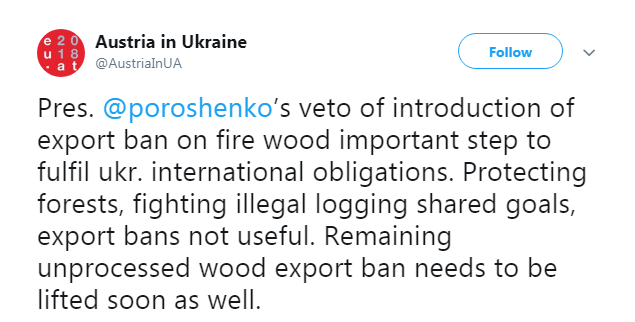 В Австрии призвали Украину отменить запрет на экспорт леса