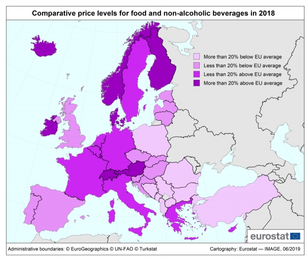 Евростат сравнил цены на продукты, алкоголь и сигареты в странах ЕС