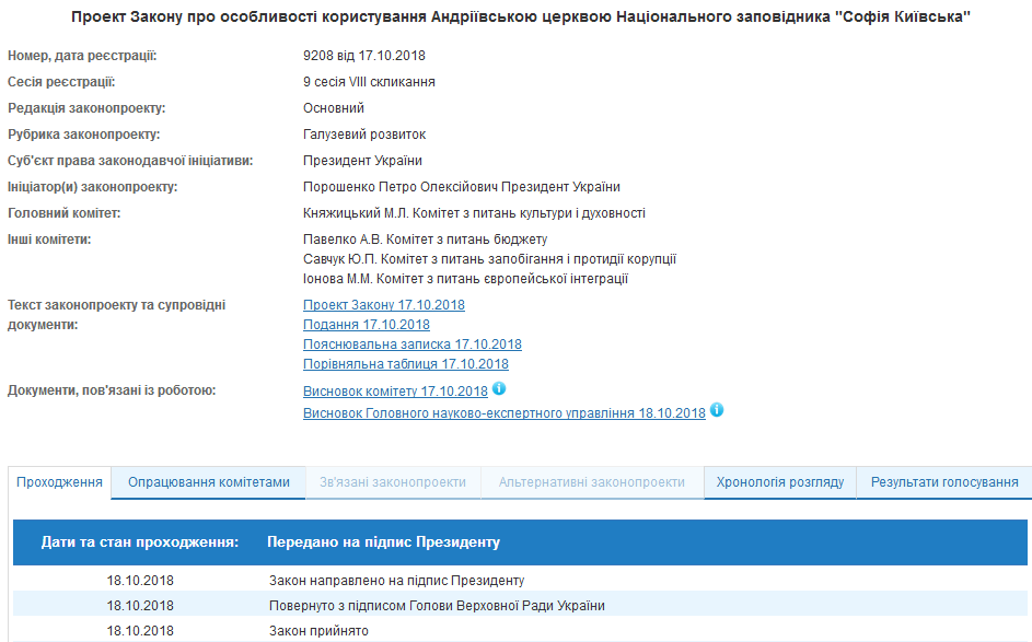 Парубий подписал закон о передаче Андреевской церкви Константинополю
