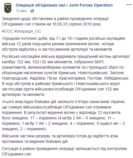 На Донбассе боевики 12 раз обстреляли позиции ВСУ, 5 военных погибли, - ООС