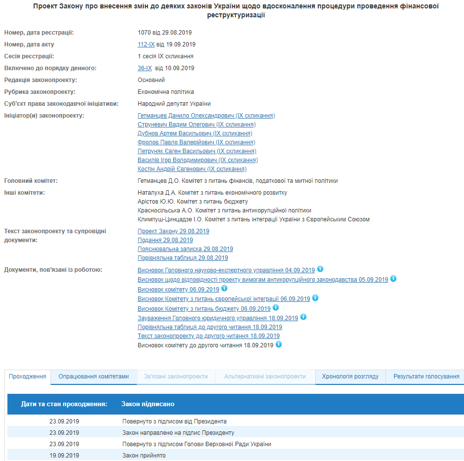 Зеленский одобрил продление финансовой реструктуризации