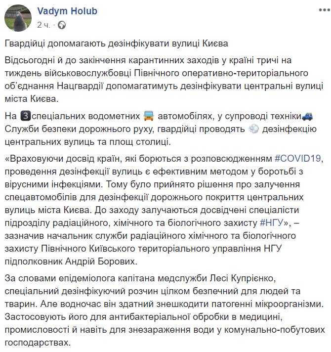 Нацгвардия будет помогать в дезинфекции центральных улиц Киева