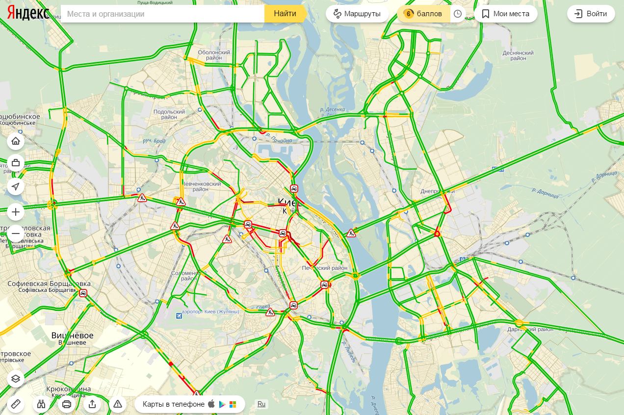 Пробки в Киеве достигли 6 баллов