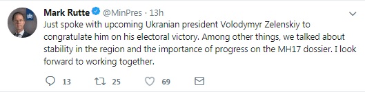 Прем'єр Нідерландів привітав Зеленського і нагадав про MH17