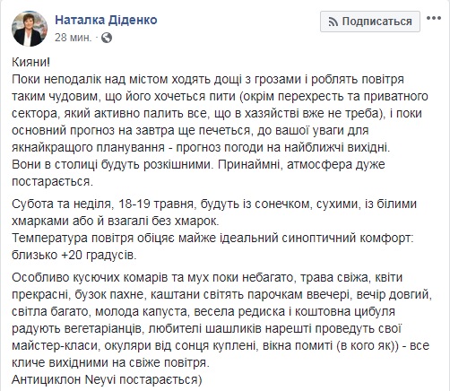 Синоптик розповіла про погоду в Києві на вихідні