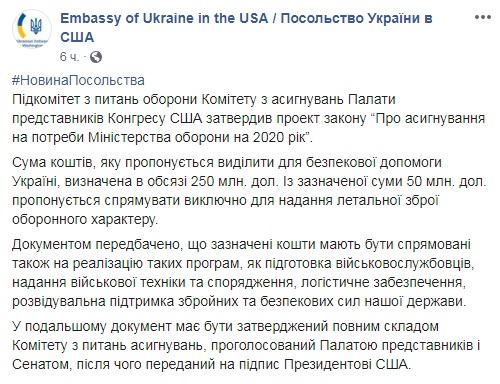 У Конгресі США затвердили ще 250 млн доларів для України
