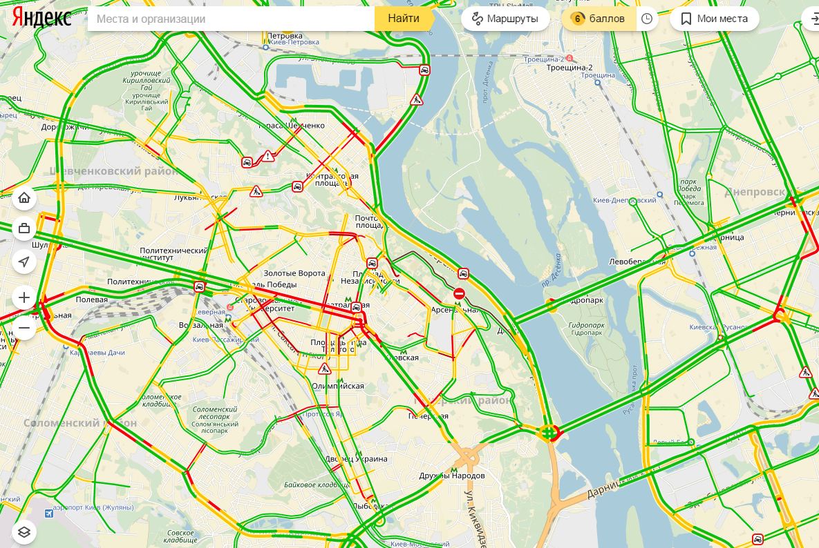 Затори у Києві досягли 6 балів