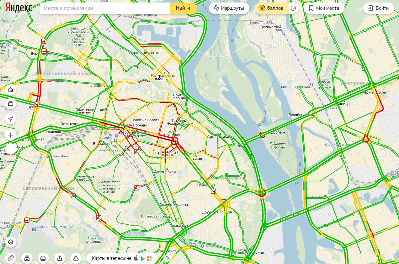 Затори у Києві досягли 6 балів