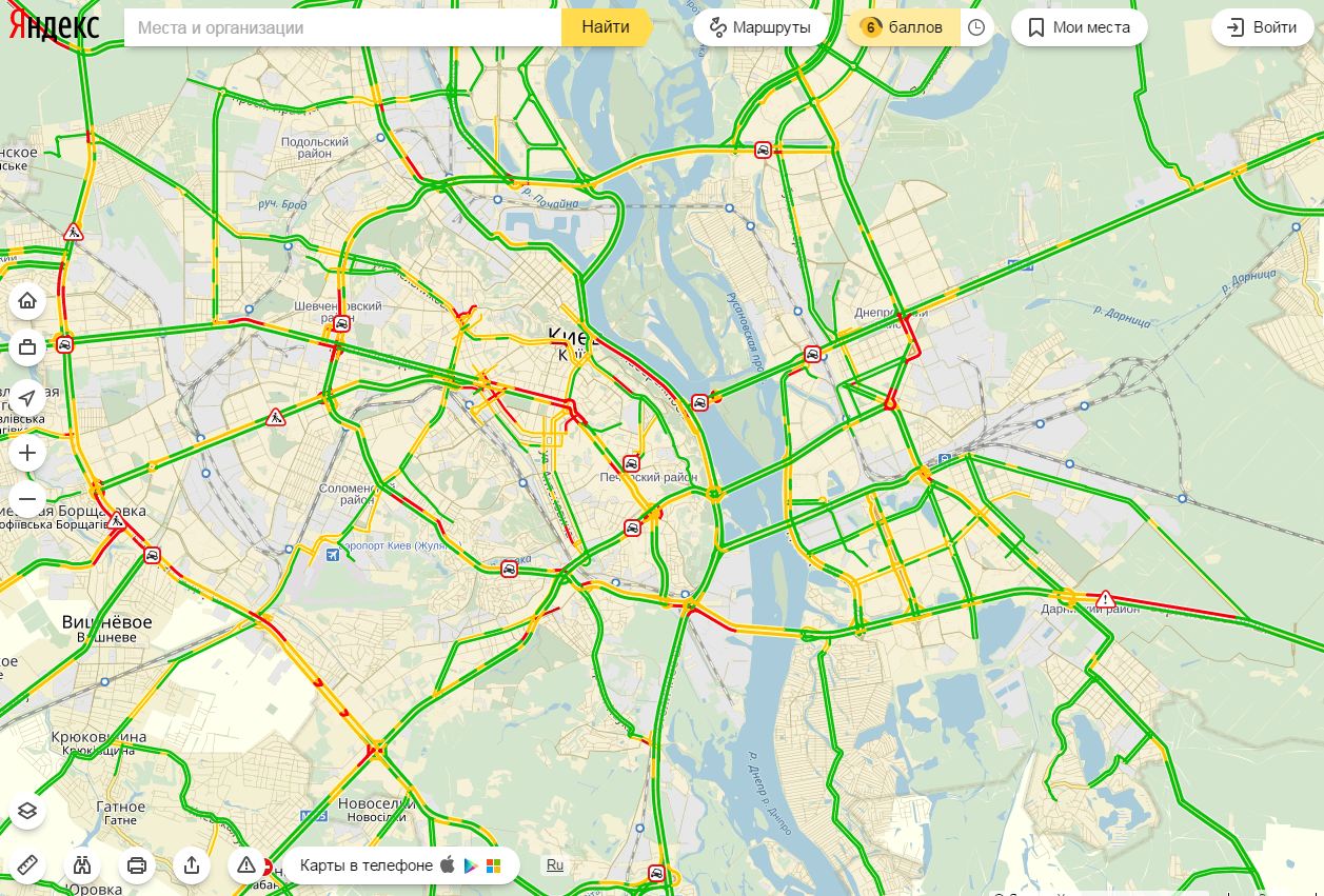 Затори у Києві досягли 6 балів