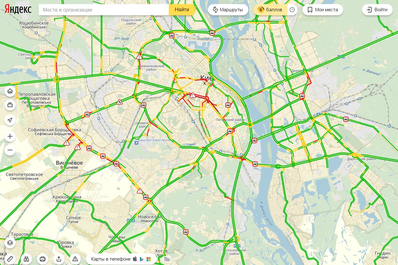 Затори у Києві досягли 6 балів