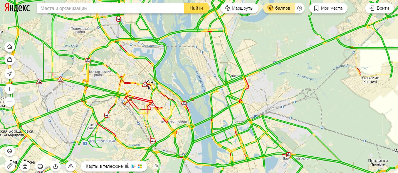 Затори у Києві досягли 6 балів