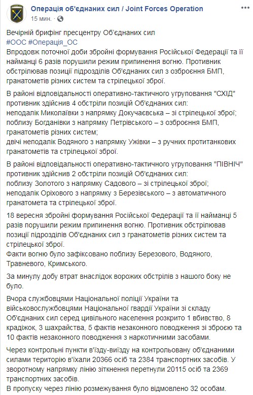 Бойовики на Донбасі 6 раз обстріляли позиції українських військових