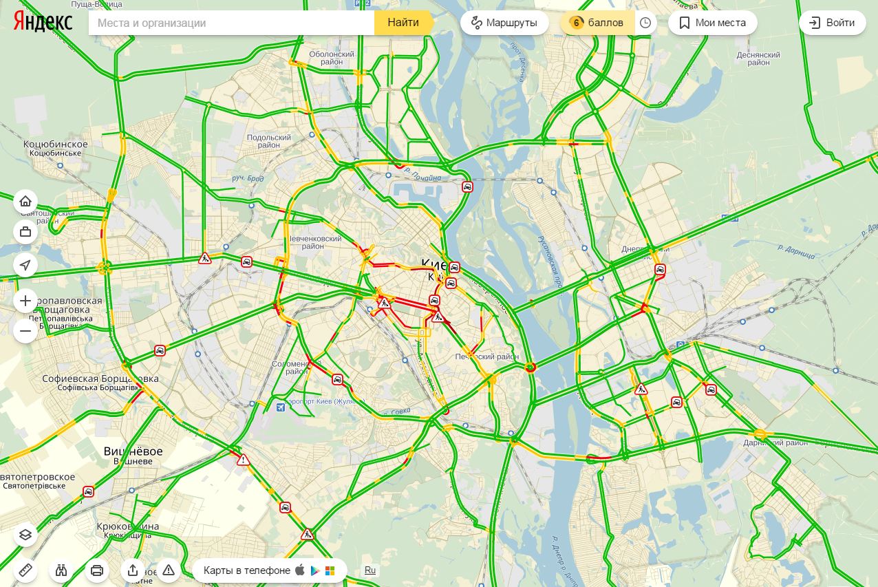 Затори у Києві досягли 6 балів
