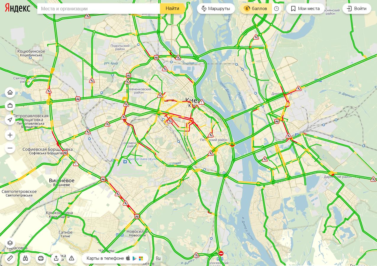 Пробки в Киеве достигли 6 баллов