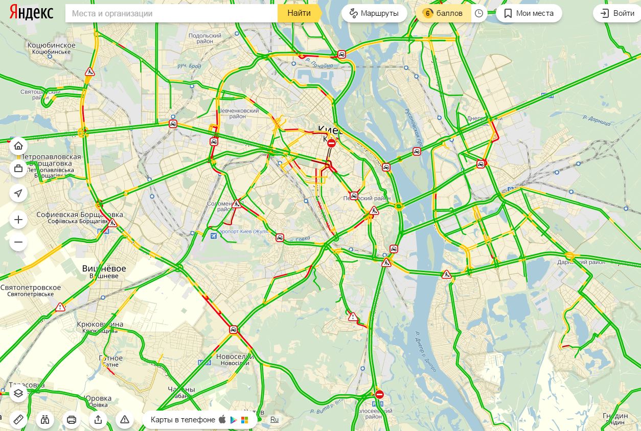 Пробки в Киеве достигли 6 баллов