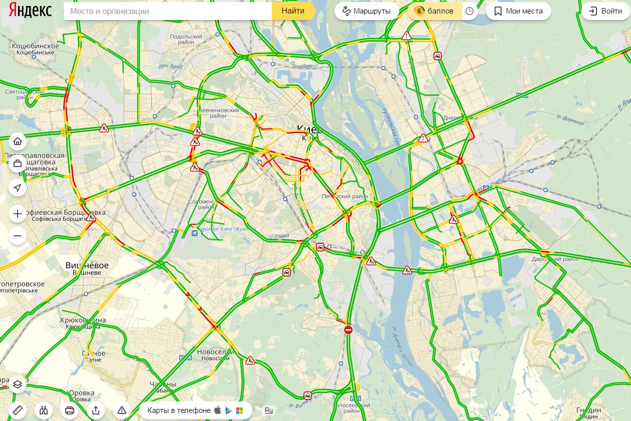 Затори у Києві досягли 6 балів