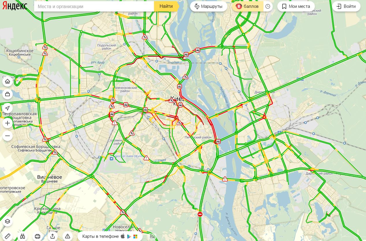Пробки в Киеве достигли 8 баллов