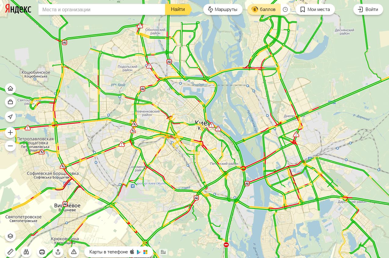 Пробки в Киеве достигли 6 баллов