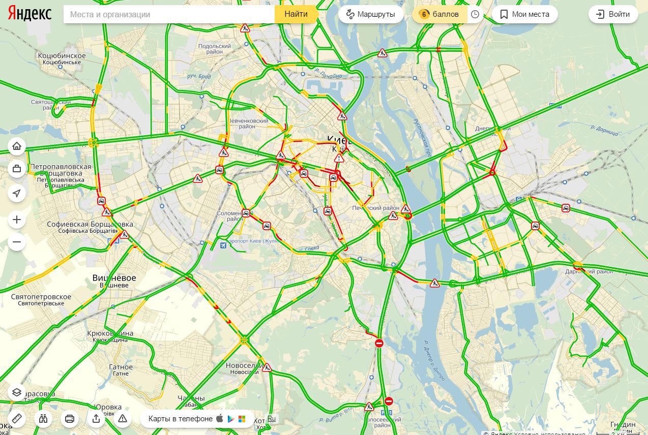 Пробки в Киеве достигли 6 баллов
