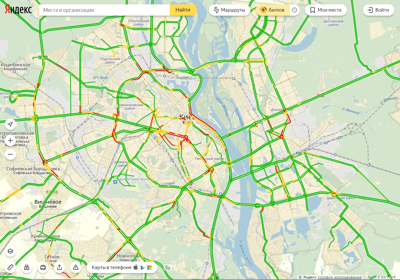 Затори у Києві досягли 6 балів