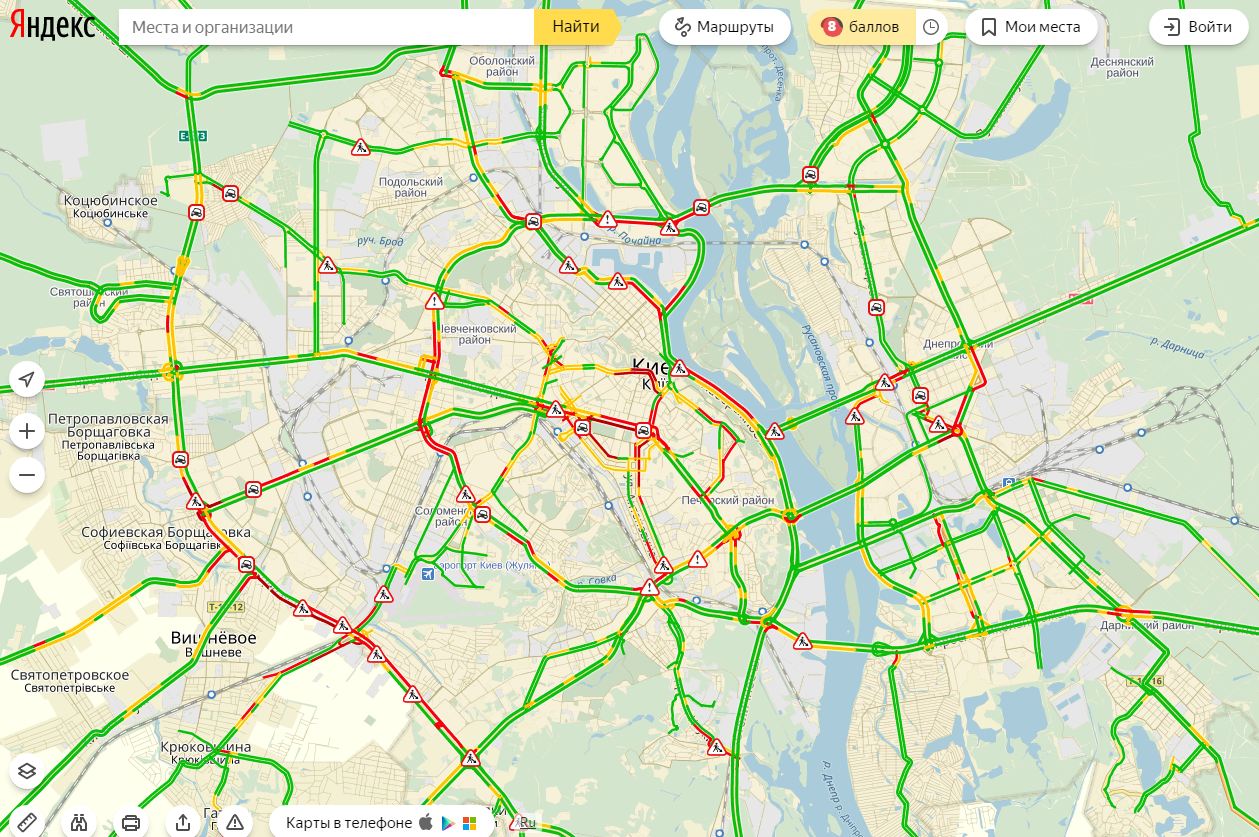 Пробки в Киеве достигли 8 баллов