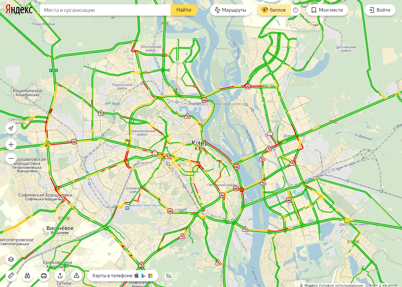 Затори у Києві досягли 6 балів