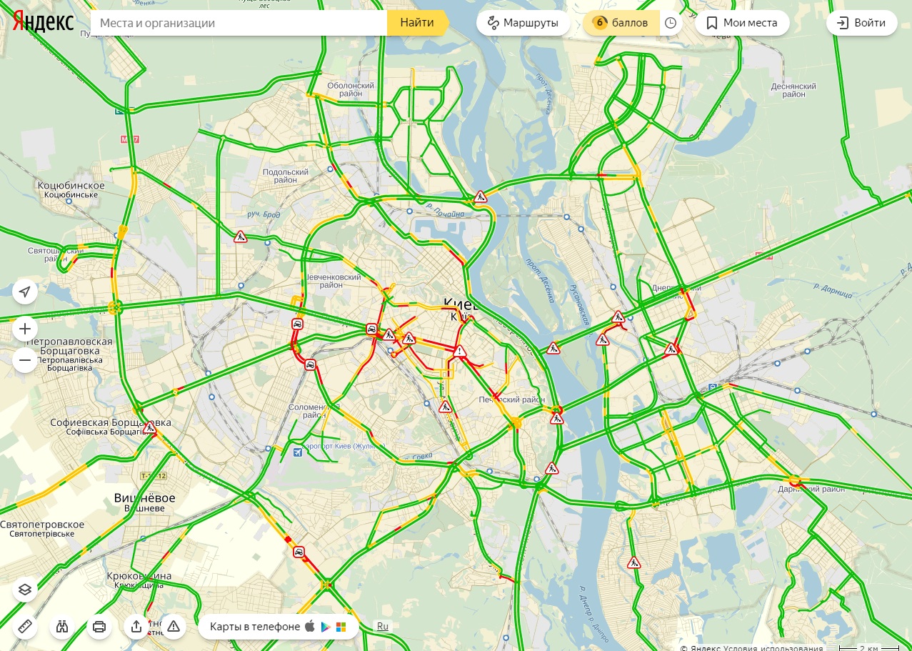 Затори у Києві досягли 6 балів
