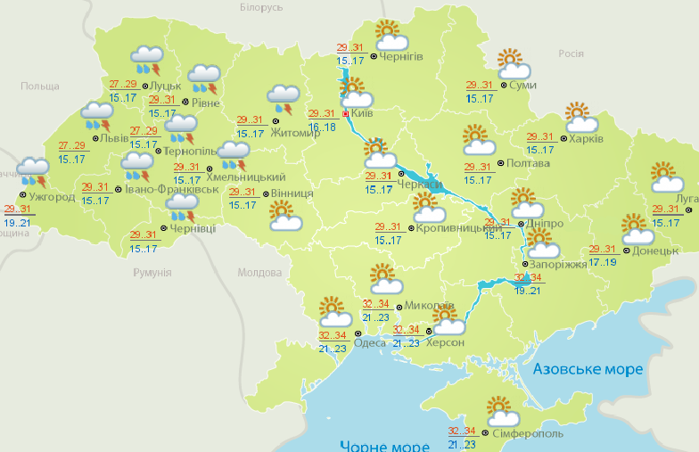 Погода на сегодня: на западе Украины дожди, температура до +34