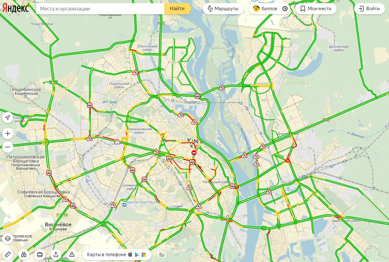 Пробки в Киеве достигли 6 баллов
