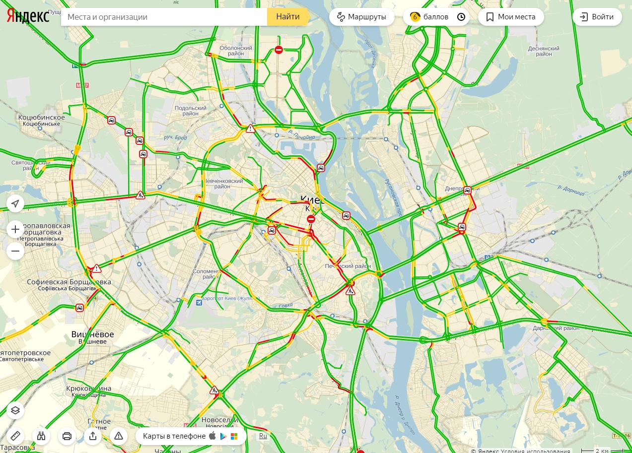 Затори у Києві досягли 6 балів