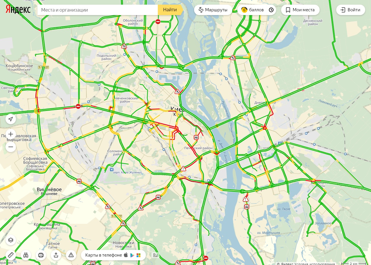 Затори у Києві досягли 6 балів