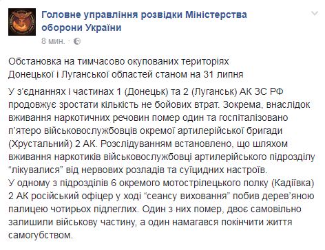 На Донбассе из-за употребления наркотиков умер один военный РФ, еще 5 госпитализированы, - разведка