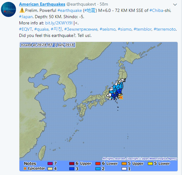 В Японії стався землетрус магнітудою 6,0