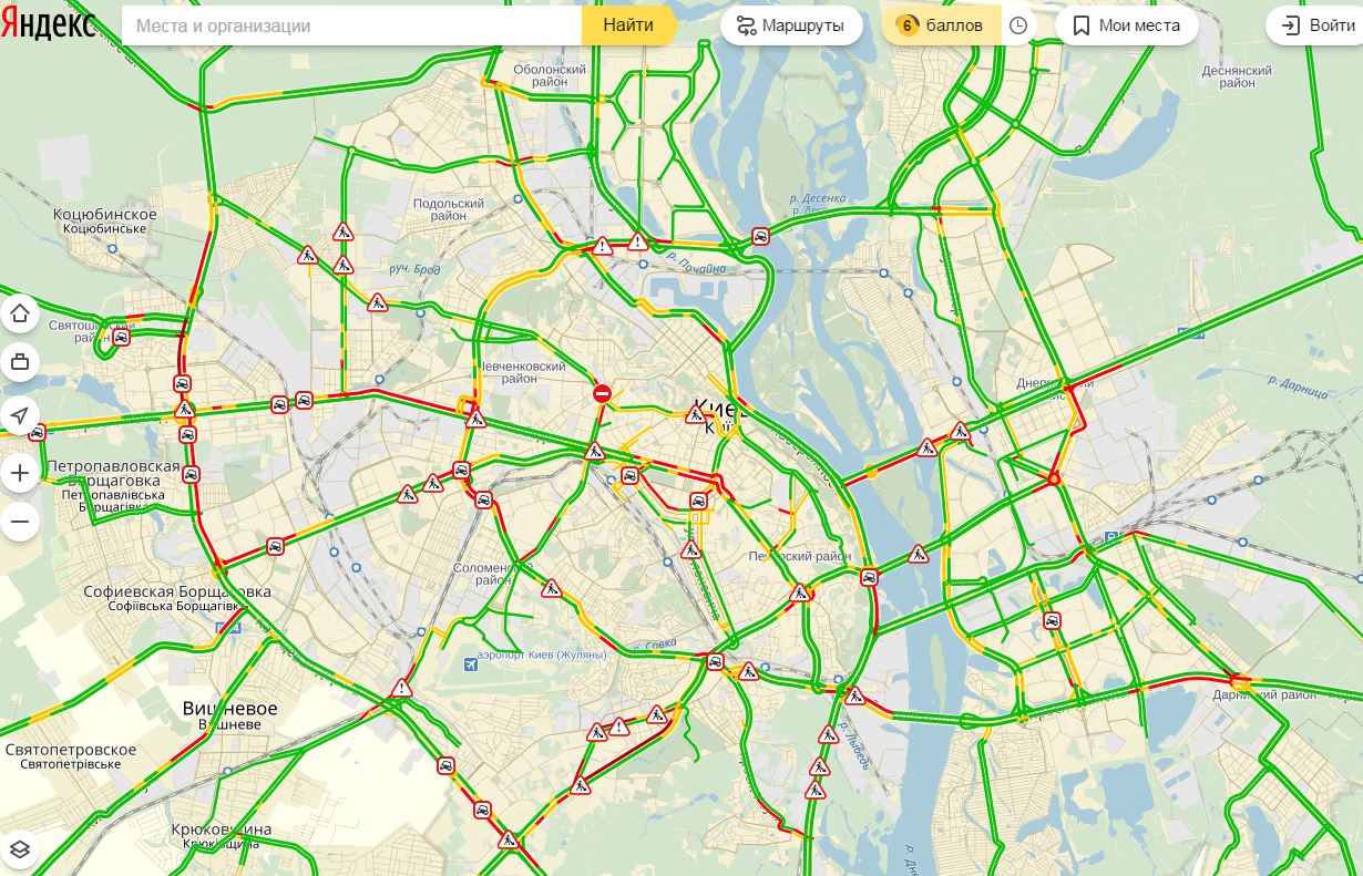 Пробки в Киеве достигли 6 баллов