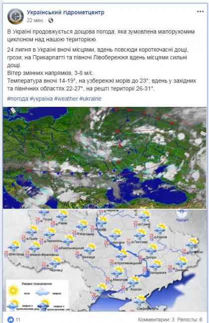 В Україні завтра очікуються грози та короткочасні дощі